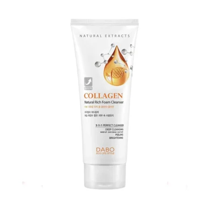 Dabo Collagen Nature Rich Foam Cleanser is a Korean premium collagen-infused facial cleanser that elevates the daily cleansing step beyond simple impurity removal — delivering a concentrated skin regeneration & anti-aging experience with every wash. Unlike conventional foam cleansers that strip the skin dry, this 3-in-1 formula simultaneously deep cleanses, replenishes skin elasticity through Hydrolyzed Collagen & restores the skin's natural moisture balance through Hyaluronic Acid — making it especially beneficial for dry, mature or elasticity-compromised skin types that need a cleanser as nourishing as it is effective. Its richly creamy, silky foam lathers generously and spreads smoothly across the skin, dissolving makeup residue, sunscreen, excess sebum & accumulated impurities — leaving skin consistently clean, firm, supple & noticeably refreshed after every use. Safe for all skin types for daily morning and evening use. Best used as the first step of your morning and evening skincare routines. Dampen the face thoroughly with lukewarm water, then squeeze a small amount of the cleanser onto damp palms and work into a rich, creamy lather. Gently massage onto the face and neck in soft circular upward motions for approximately 30–60 seconds, allowing the collagen & hyaluronic acid actives to interact with the skin during the cleansing process. Rinse thoroughly with lukewarm water and gently pat dry with a clean soft towel. Follow with toner, serum and moisturizer to lock in the post-cleanse hydration & nutrition delivered by the formula. With consistent daily use, skin feels progressively firmer, smoother & more resilient over time. Hydrolyzed Collagen (0.3%) is the star functional active of this cleanser — broken down into small, skin-compatible peptide fragments that penetrate effectively into the skin even during the brief cleansing window, working to reinforce the skin's connective tissue structure, regenerate elasticity, maintain the integrity of skin tissue & visibly firm the complexion against the sagging & wrinkle formation that accompany collagen loss with age. Its excellent skin affinity makes it particularly effective at building skin barrier resilience & promoting the ongoing healing of dull, tired skin texture. Hyaluronic Acid (Sodium Hyaluronate) counterbalances the cleansing process by attracting & binding moisture to the skin throughout washing — ensuring the skin's natural moisture balance is restored rather than depleted, leaving it comfortably hydrated rather than tight or dry after rinsing. Tocopheryl Acetate (Vitamin E) delivers antioxidant protection during cleansing to neutralize free radical damage from pollution & environmental stressors that the skin accumulates throughout the day. Sorbitan Olivate — an olive-derived gentle emulsifier — contributes both mild conditioning & additional barrier-supporting lipids to reinforce the skin's lipid layer post-cleanse. Cocamidopropyl Betaine provides the coconut-derived surfactant base that generates the formula's signature rich, creamy lather while remaining gentle & non-irritating for daily use across all skin types. * Hydrolyzed Collagen (0.3%) reinforces skin tissue, regenerates elasticity & firms the complexion * Anti-aging collagen actives help reduce fine lines & restore youthful firmness with consistent use * Hyaluronic Acid restores natural moisture balance during cleansing — no dryness or tightness post-wash * Tocopheryl Acetate (Vitamin E) neutralizes free radicals & protects against environmental skin aging * Sorbitan Olivate delivers olive-derived conditioning to reinforce the skin's lipid barrier post-cleanse * Rich, silky cream foam removes makeup, sunscreen, sebum & deep-seated impurities thoroughly * 3-in-1 formula — deep cleanses, replenishes elasticity & restores moisture in a single step * Suitable for all skin types — especially beneficial for dry, mature & elasticity-compromised skin How to Use: Dampen the face with lukewarm water. Squeeze a small amount of cleanser onto damp palms and work into a rich creamy lather. Gently massage onto the face and neck in soft circular upward motions for 30–60 seconds. Rinse thoroughly with lukewarm water and pat dry with a soft clean towel. Use morning and evening as the first step of your skincare routine. Follow with toner, serum, and moisturizer to lock in post-cleanse hydration and nutrition.